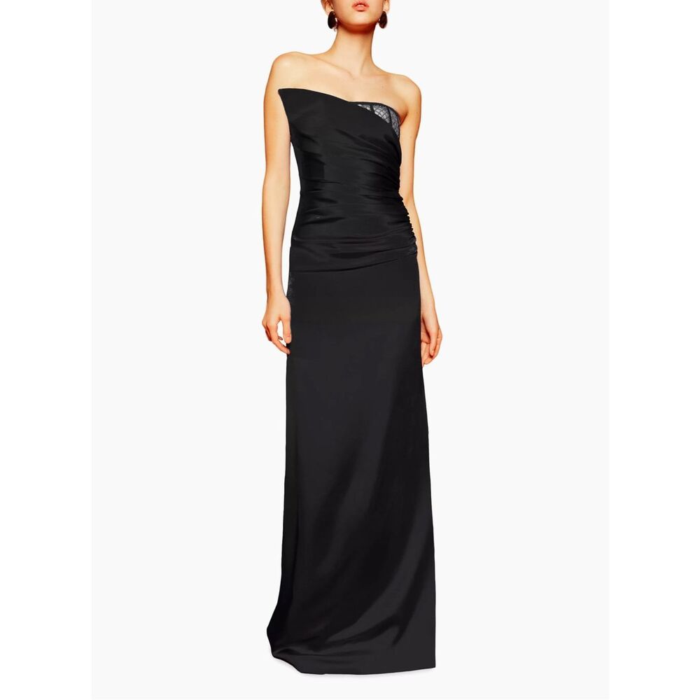 Ozgur Masur Strapless Fishnet Embellished Asymmetrical Satin Gown US 8 $1742
